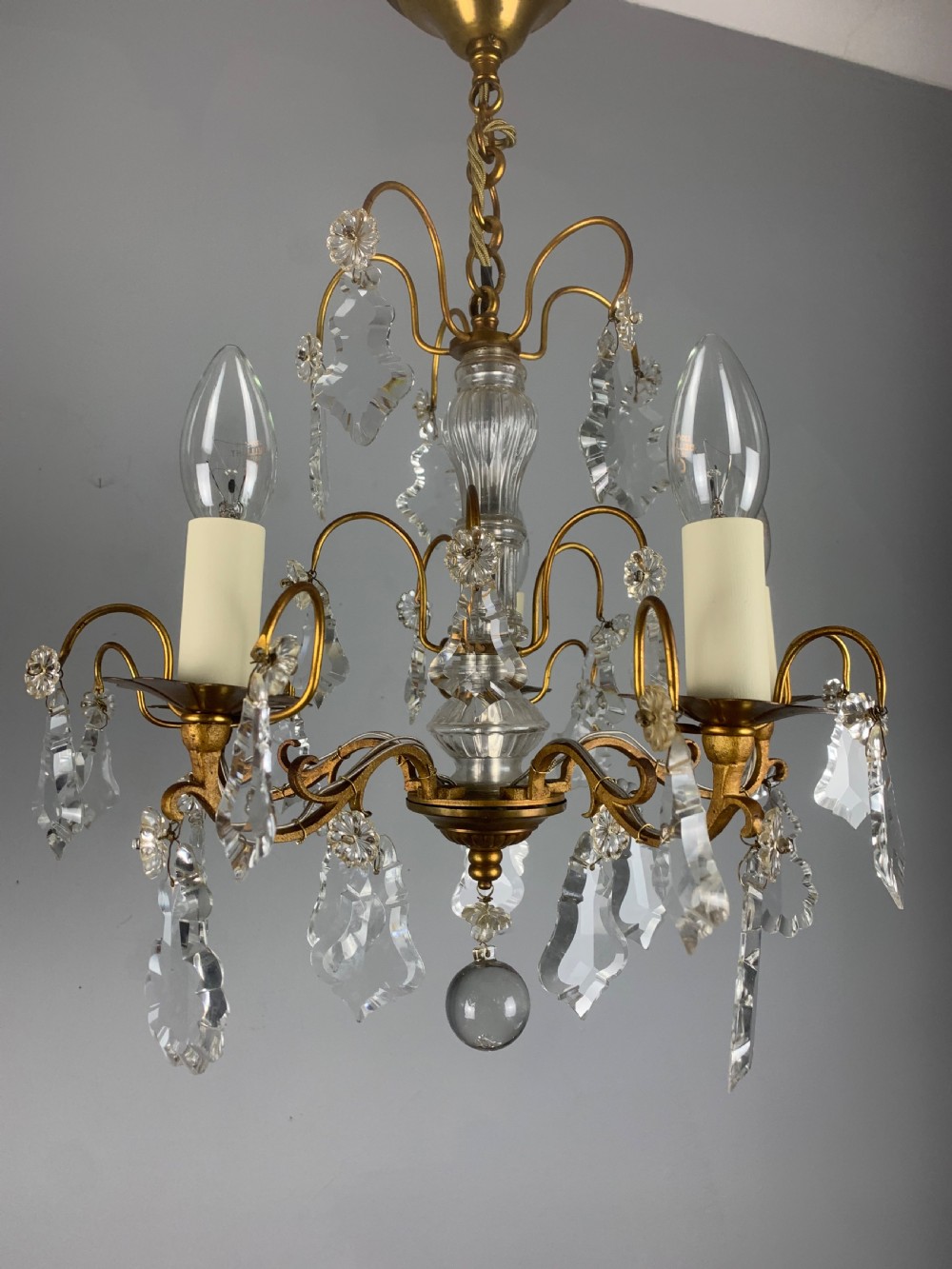 French Gilt Brass Crystal 5 Arm Antique Chandelier, Ceiling Light  View VIII