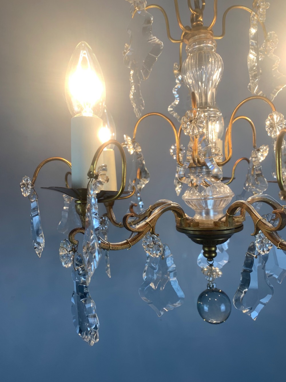 French Gilt Brass Crystal 5 Arm Antique Chandelier, Ceiling Light  View IX