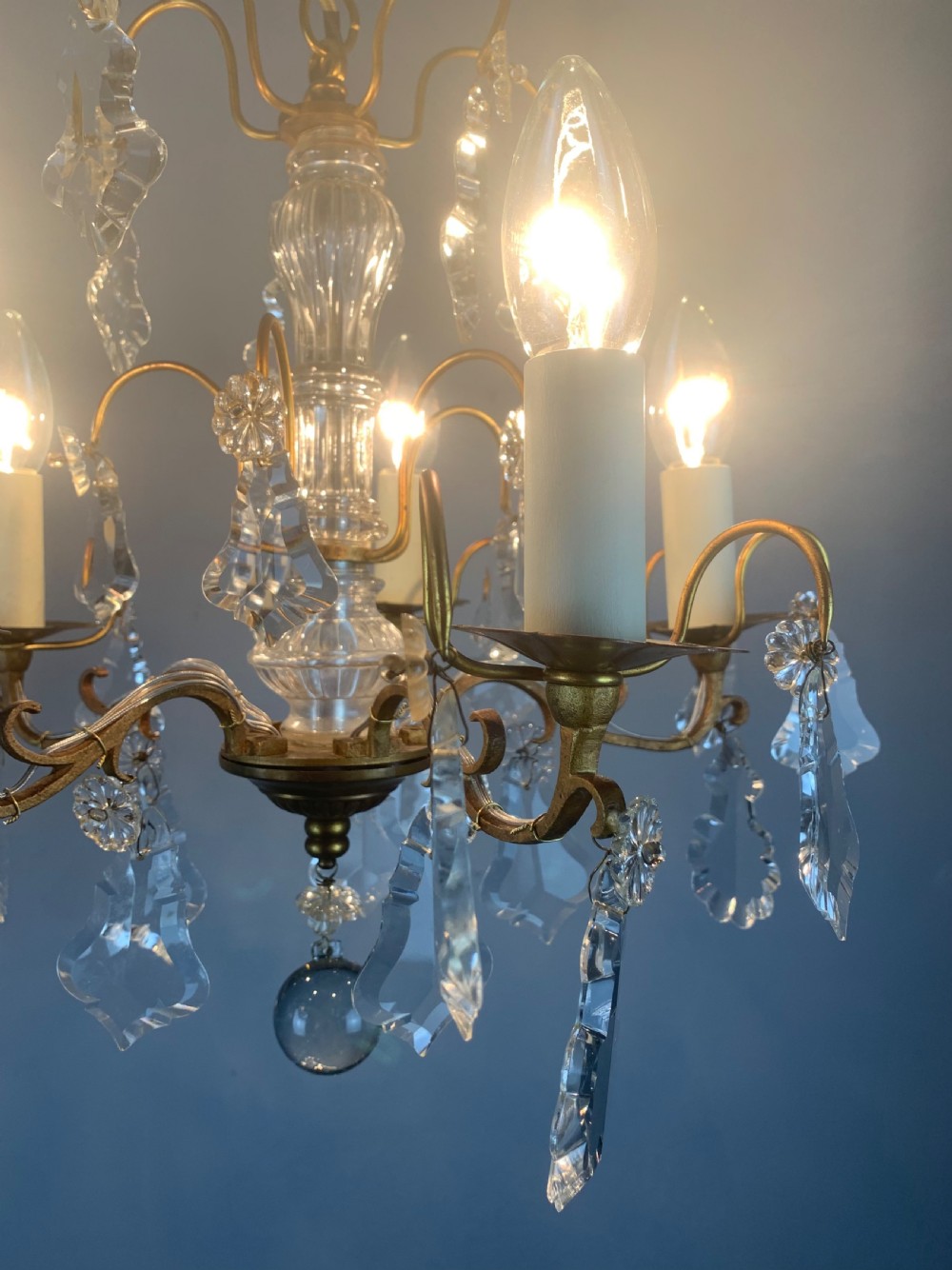 French Gilt Brass Crystal 5 Arm Antique Chandelier, Ceiling Light  View X