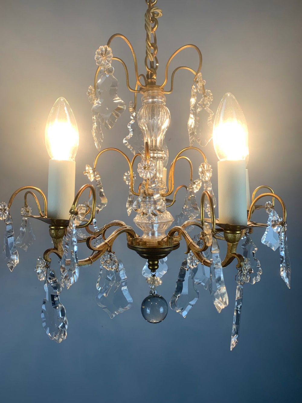 French Gilt Brass Crystal 5 Arm Antique Chandelier, Ceiling Light  View XI