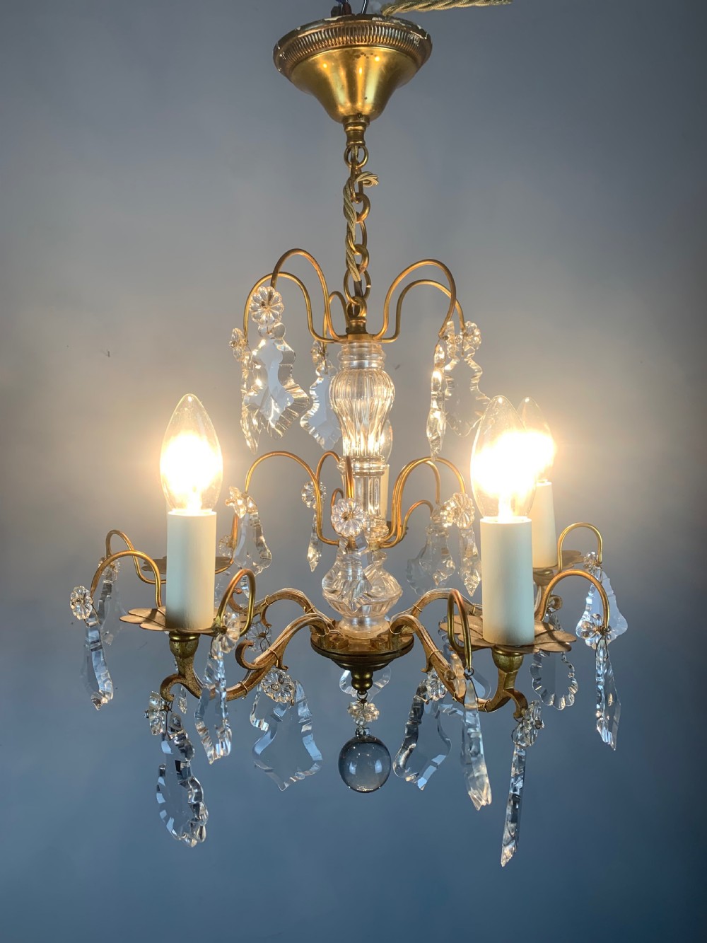 French Gilt Brass Crystal 5 Arm Antique Chandelier, Ceiling Light  View XII