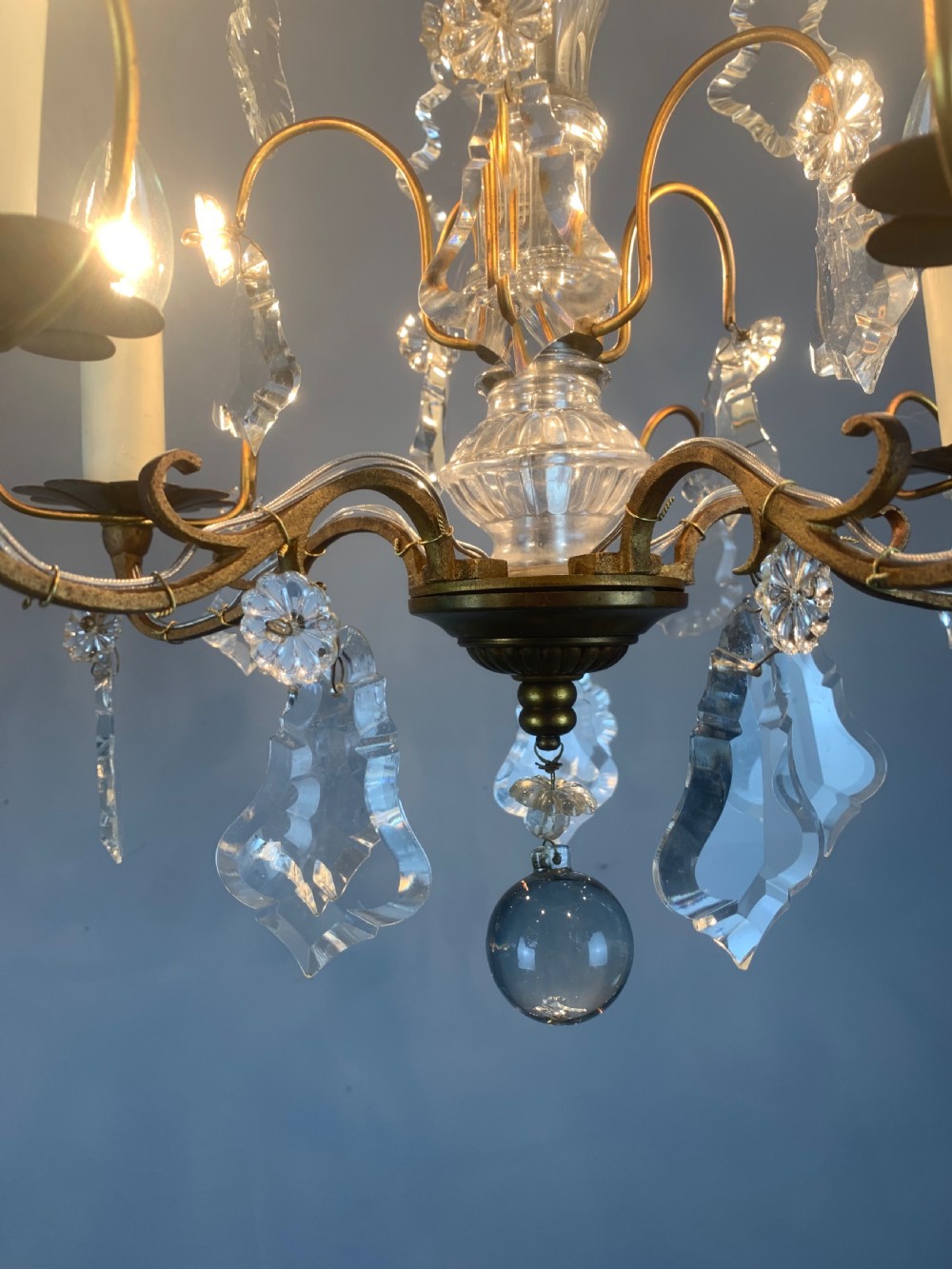 French Gilt Brass Crystal 5 Arm Antique Chandelier, Ceiling Light  View XIII
