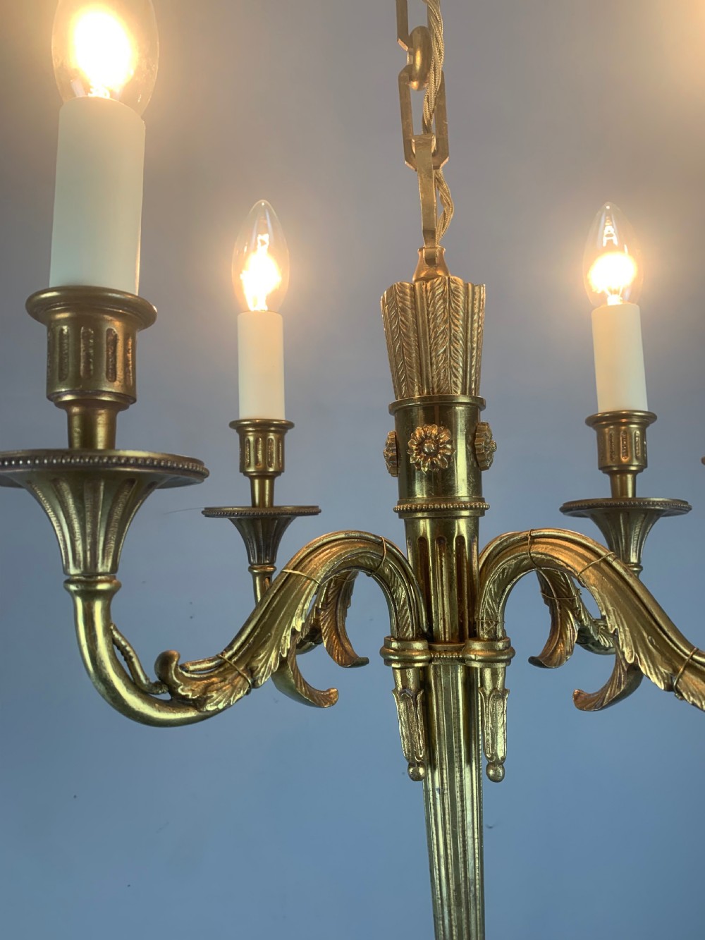 French Empire 4 Arm Gilt Brass Antique Chandelier, Ceiling Light  View II