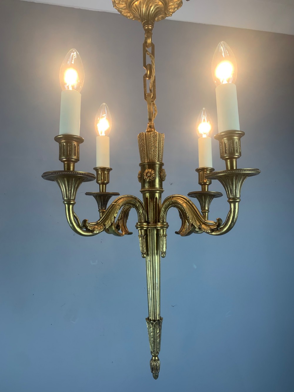French Empire 4 Arm Gilt Brass Antique Chandelier, Ceiling Light  View III