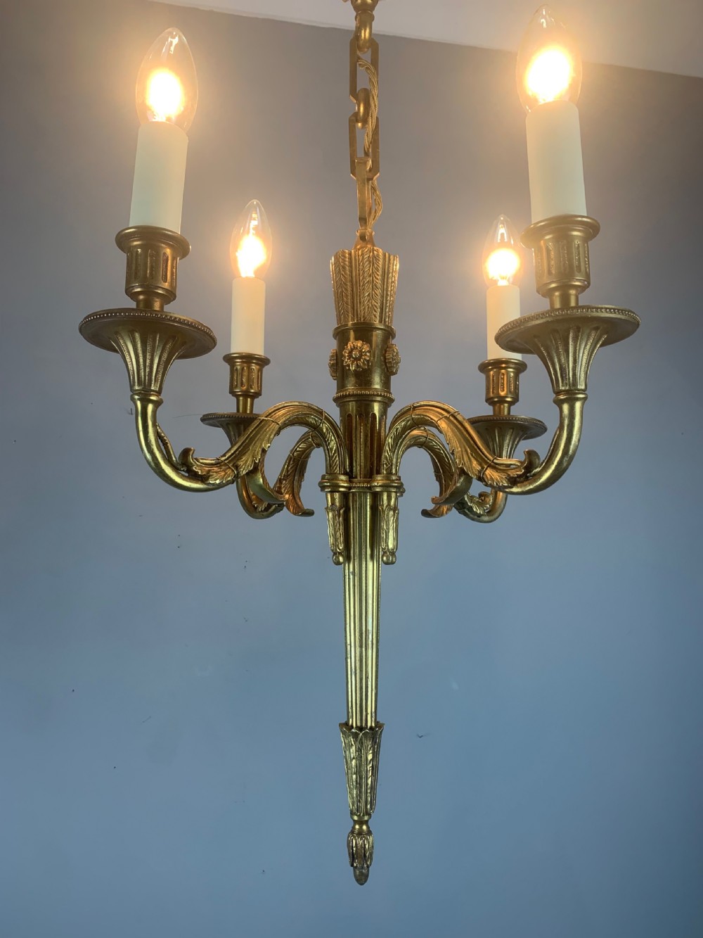 French Empire 4 Arm Gilt Brass Antique Chandelier, Ceiling Light  View IV