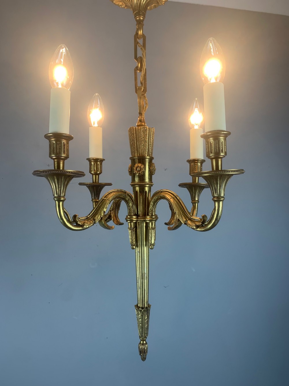 French Empire 4 Arm Gilt Brass Antique Chandelier, Ceiling Light  View V