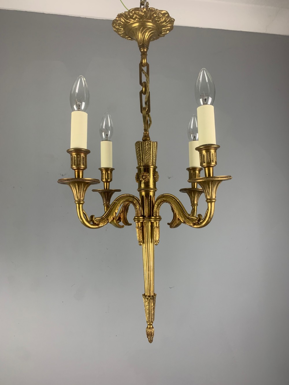 French Empire 4 Arm Gilt Brass Antique Chandelier, Ceiling Light  View VI