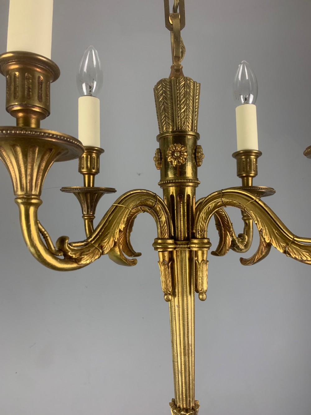 French Empire 4 Arm Gilt Brass Antique Chandelier, Ceiling Light  View VIII