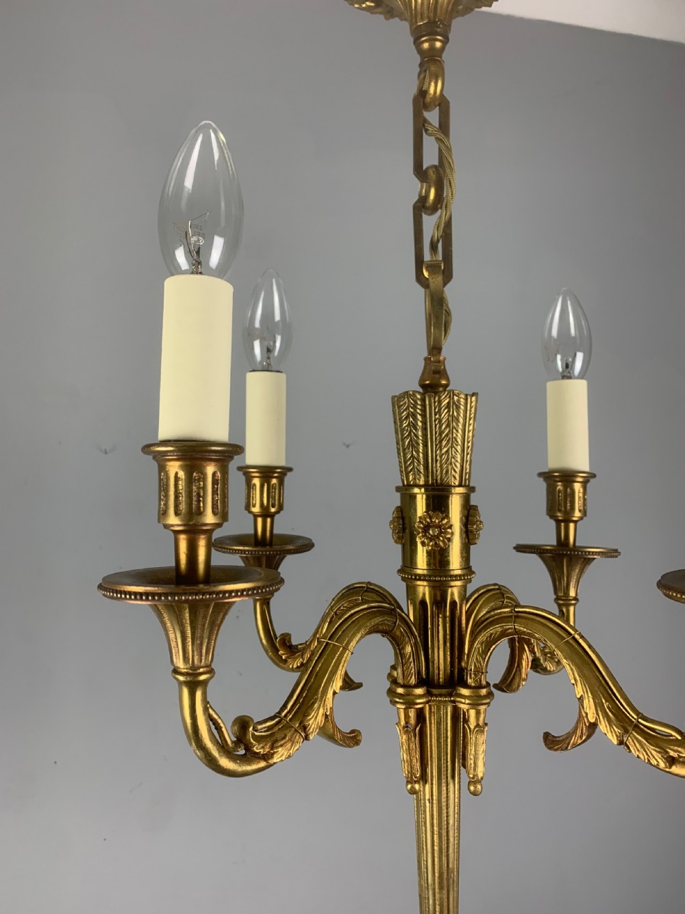 French Empire 4 Arm Gilt Brass Antique Chandelier, Ceiling Light  View IX