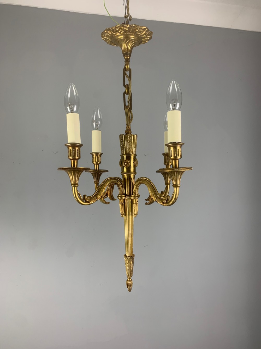 French Empire 4 Arm Gilt Brass Antique Chandelier, Ceiling Light  View X