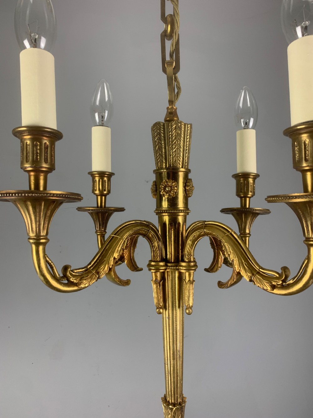 French Empire 4 Arm Gilt Brass Antique Chandelier, Ceiling Light  View XI