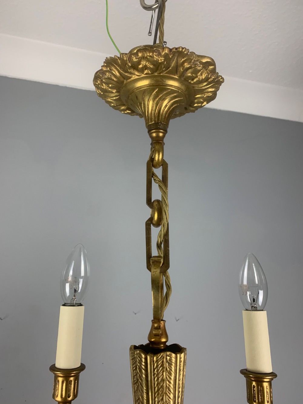 French Empire 4 Arm Gilt Brass Antique Chandelier, Ceiling Light  View XII