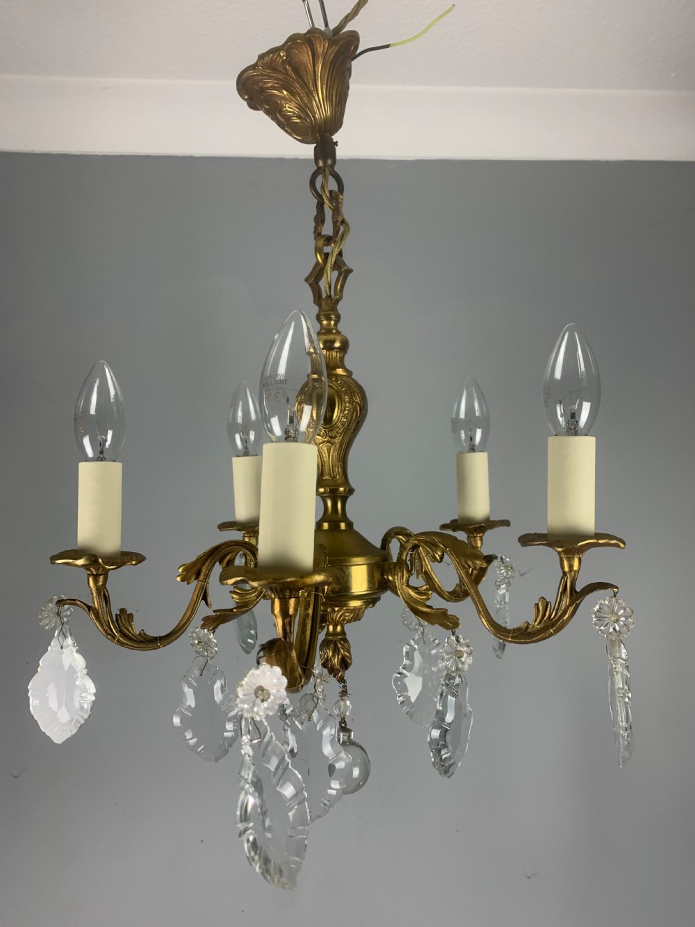 French 5 Arm Antique Chandelier with Glass Droppers 