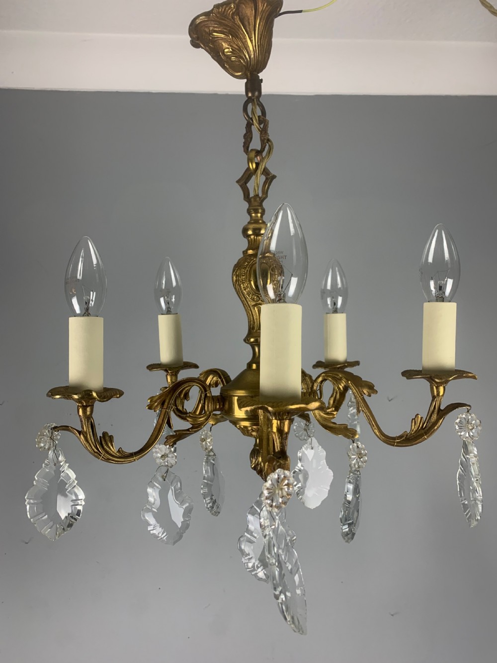 French 5 Arm Antique Chandelier with Glass Droppers  View II