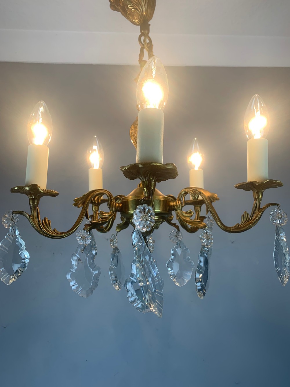 French 5 Arm Antique Chandelier with Glass Droppers  View III