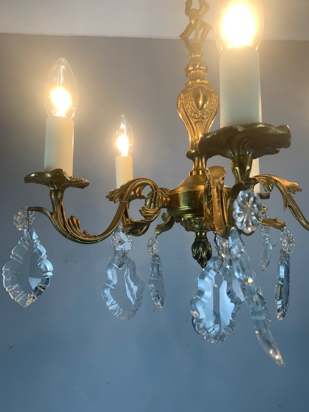 French 5 Arm Antique Chandelier with Glass Droppers  View IV