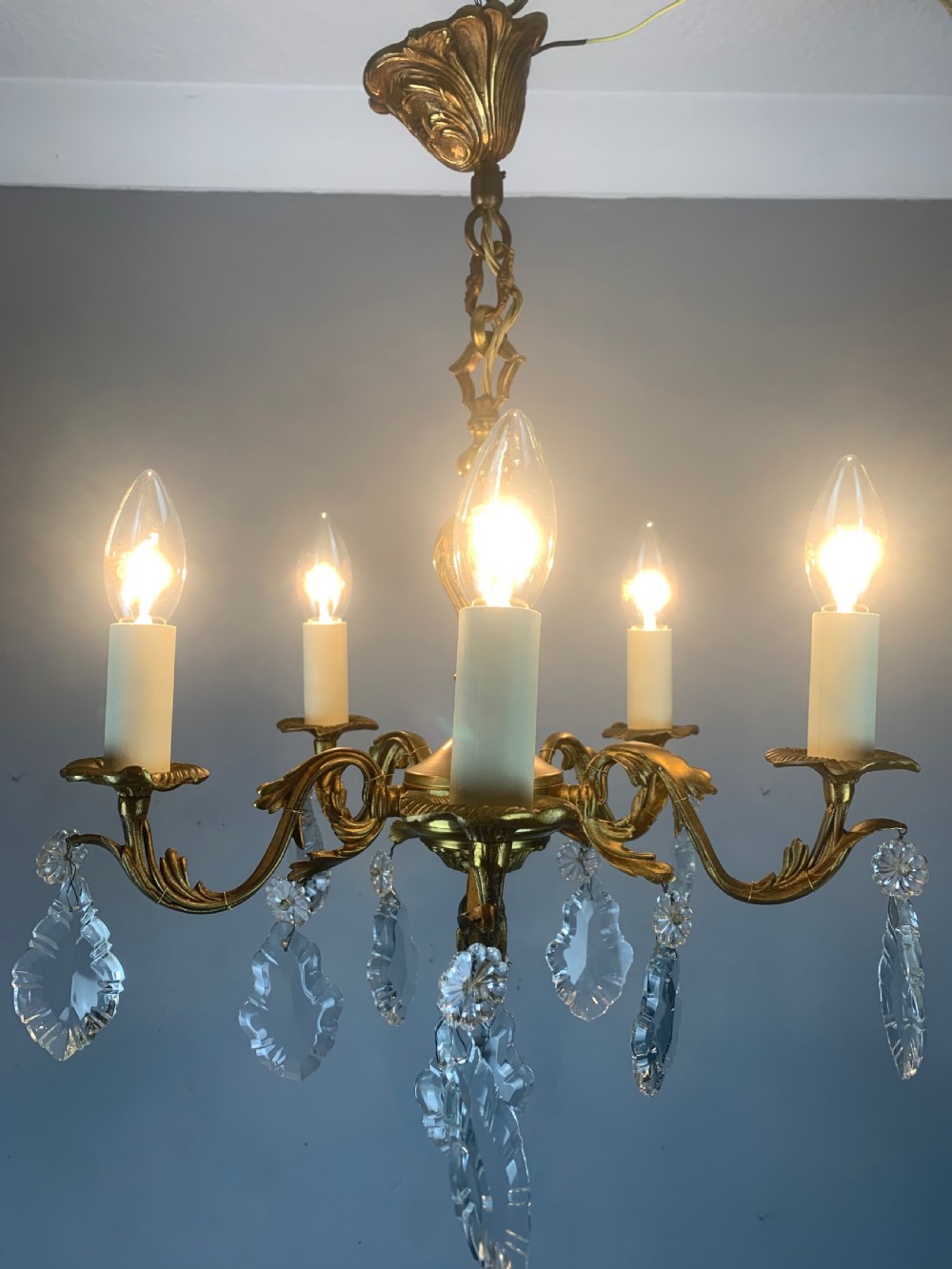 French 5 Arm Antique Chandelier with Glass Droppers  View V