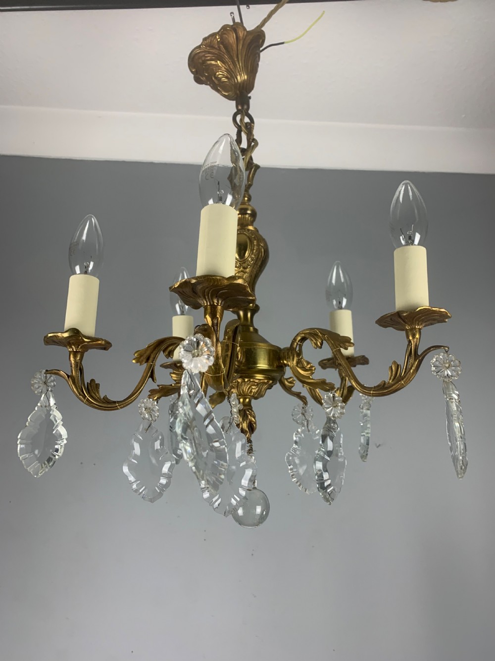 French 5 Arm Antique Chandelier with Glass Droppers  View VI