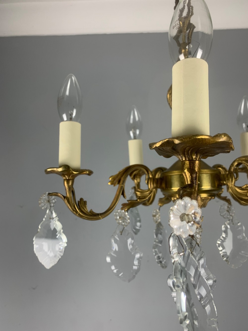 French 5 Arm Antique Chandelier with Glass Droppers  View VIII