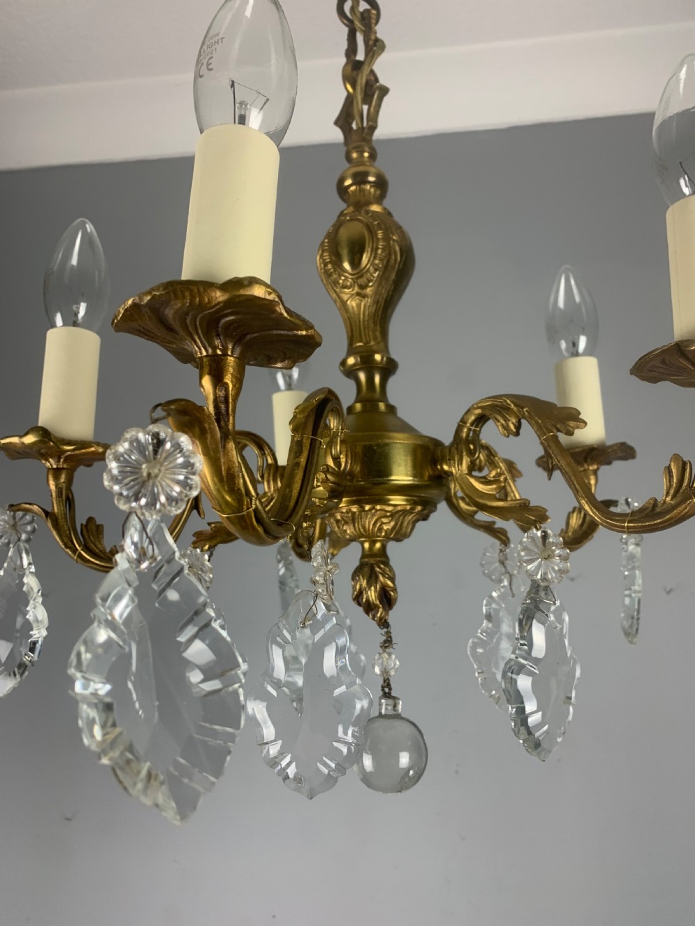 French 5 Arm Antique Chandelier with Glass Droppers  View IX