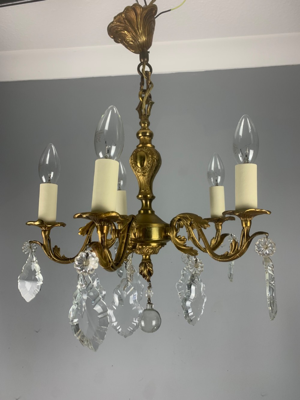 French 5 Arm Antique Chandelier with Glass Droppers  View X