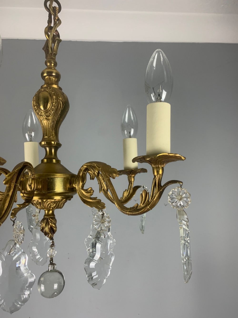 French 5 Arm Antique Chandelier with Glass Droppers  View XIII