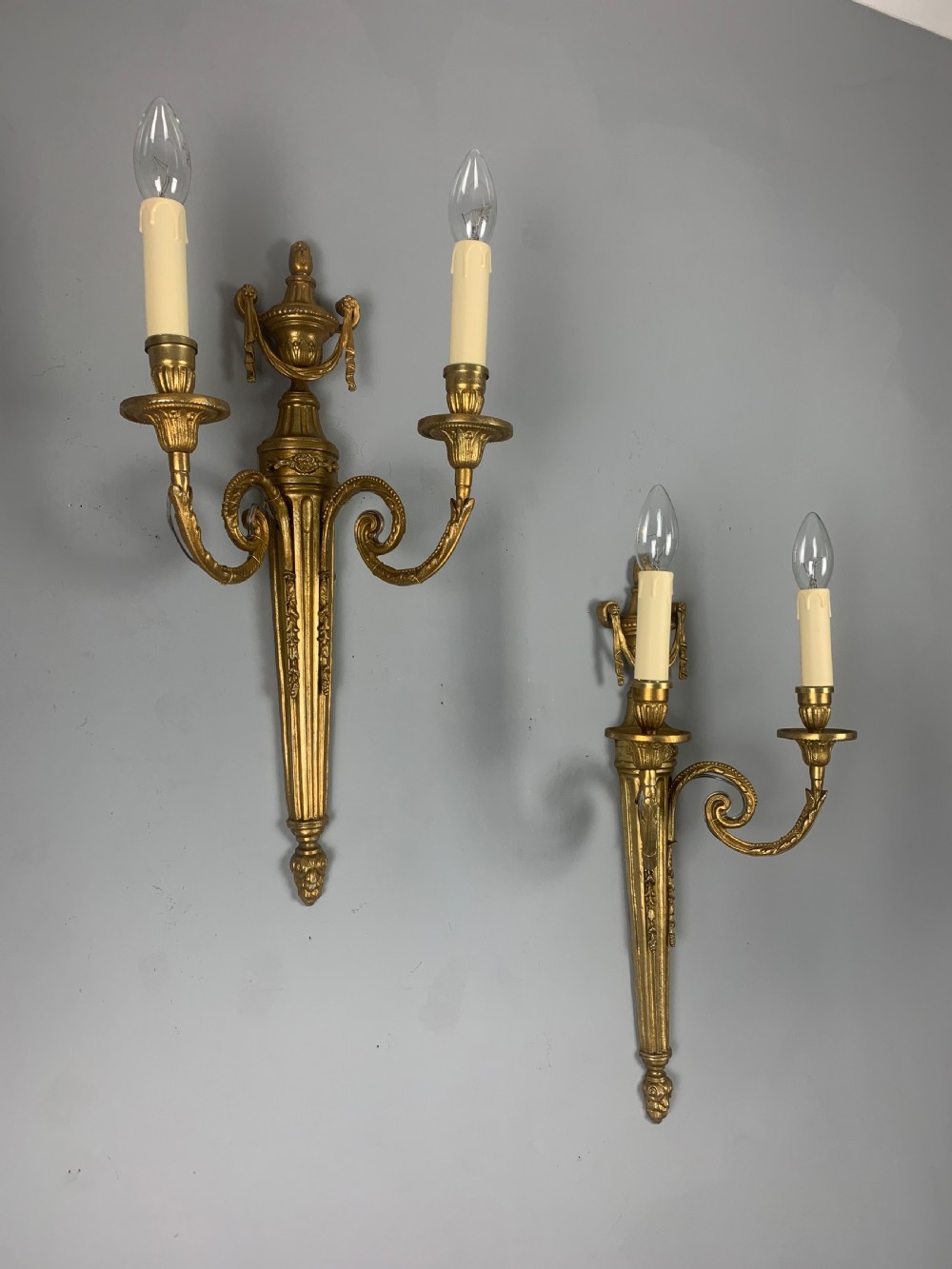 Large Pair of French Gilt Brass Antique Wall Lights  View II