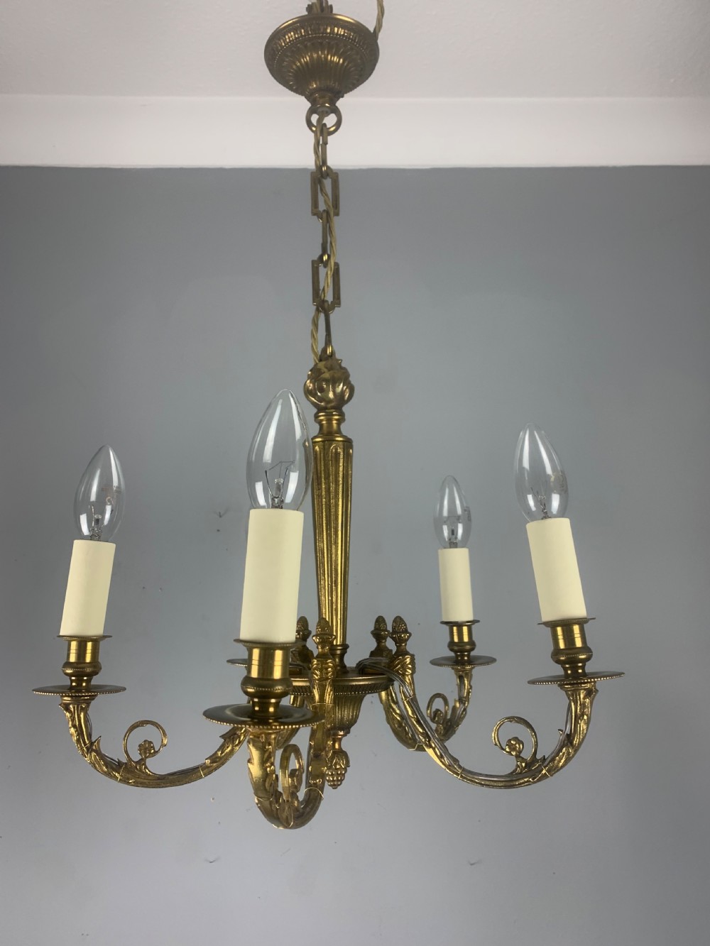 Small French Gilt Brass 5 Light Chandelier 