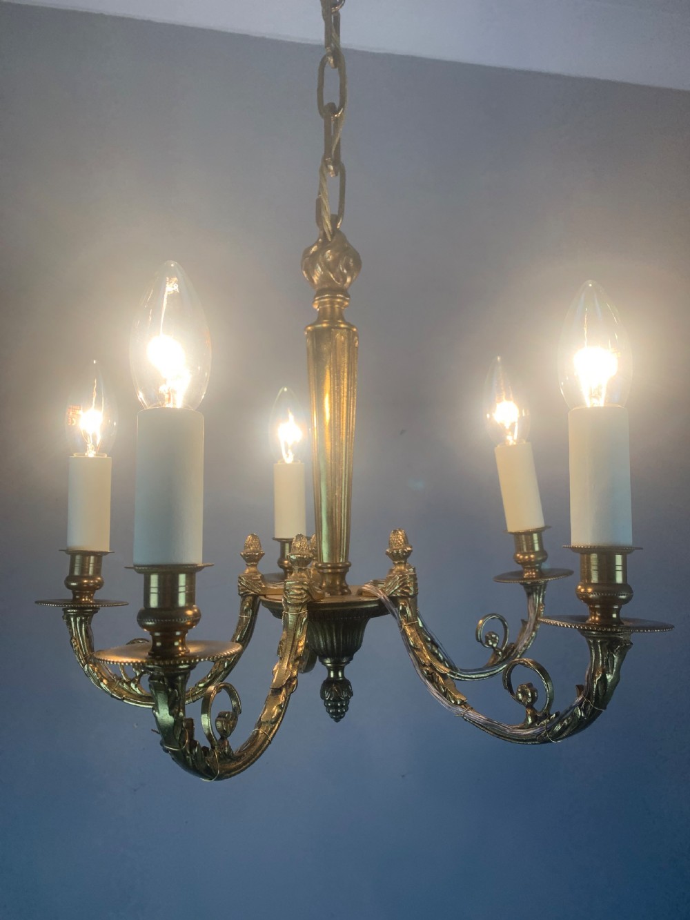 Small French Gilt Brass 5 Light Chandelier  View VIII