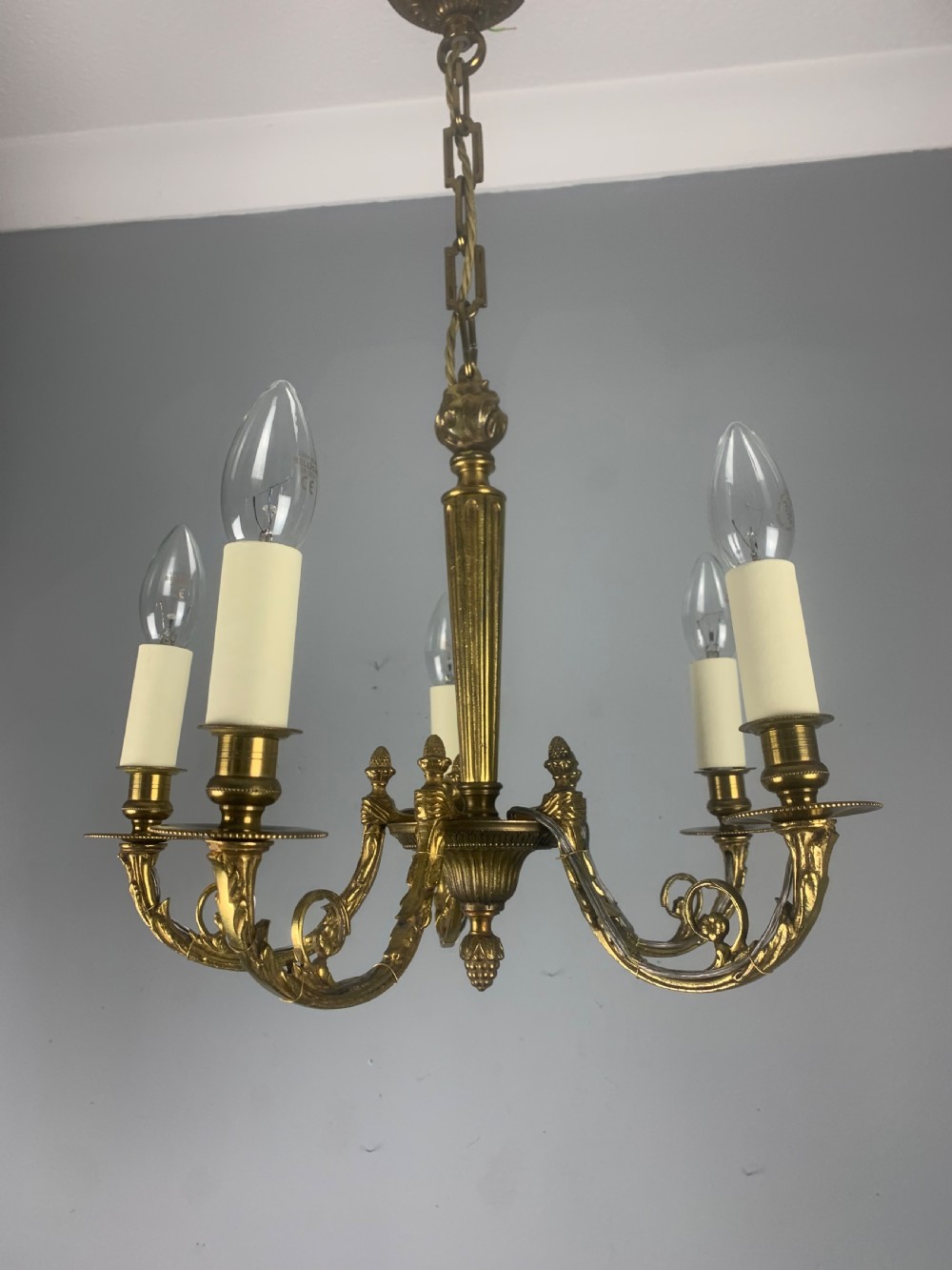 Small French Gilt Brass 5 Light Chandelier  View XV