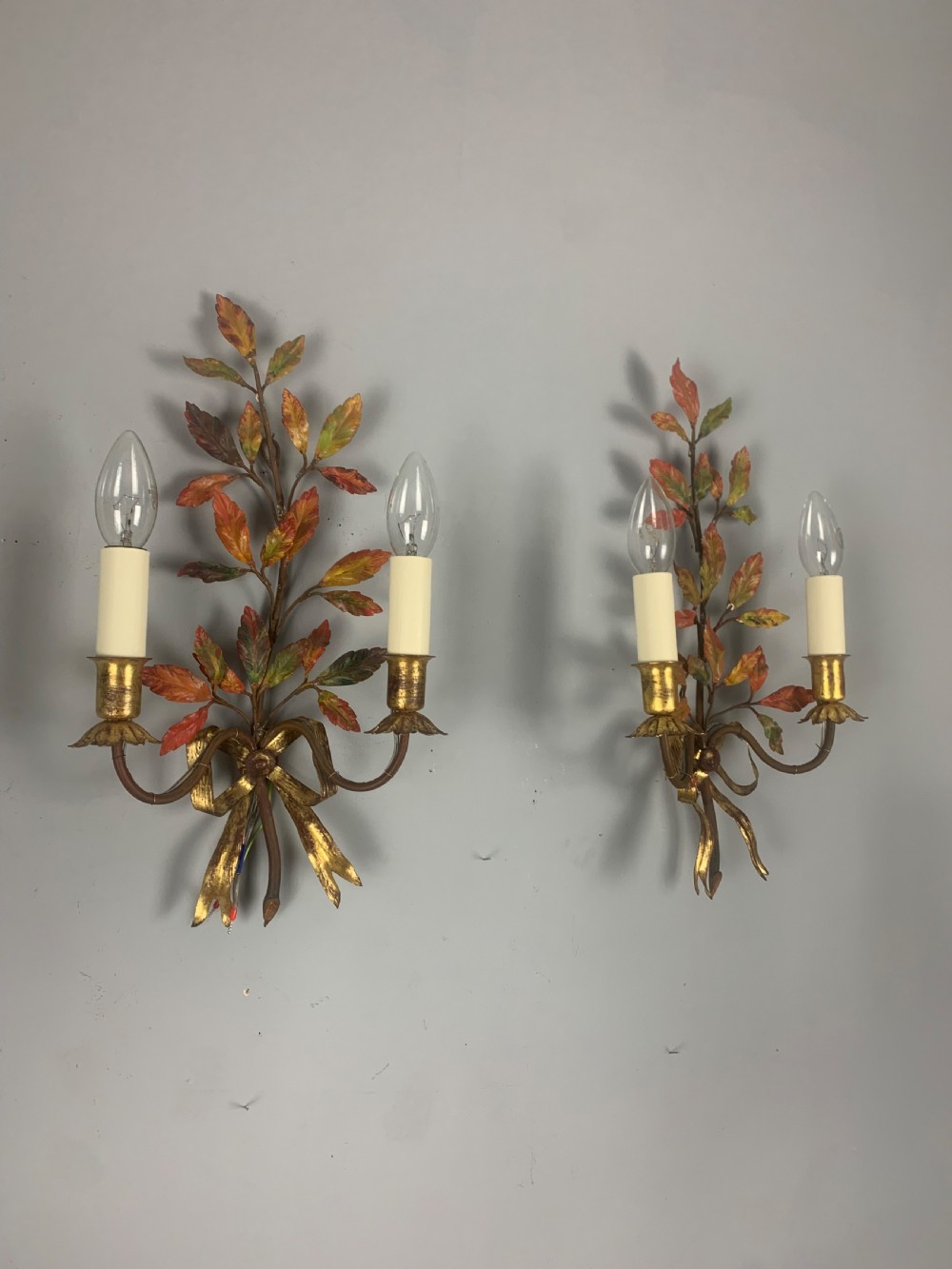Pair of French Antique Toleware Polychrome Wall Lights  View II