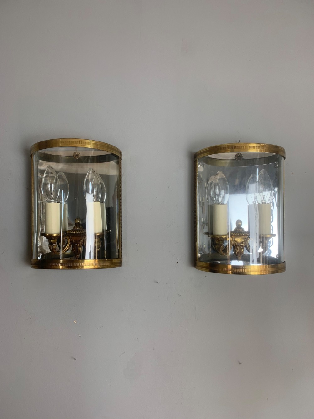 French Pair of Antique Gilded Convex Half Lantern Wall Light View V