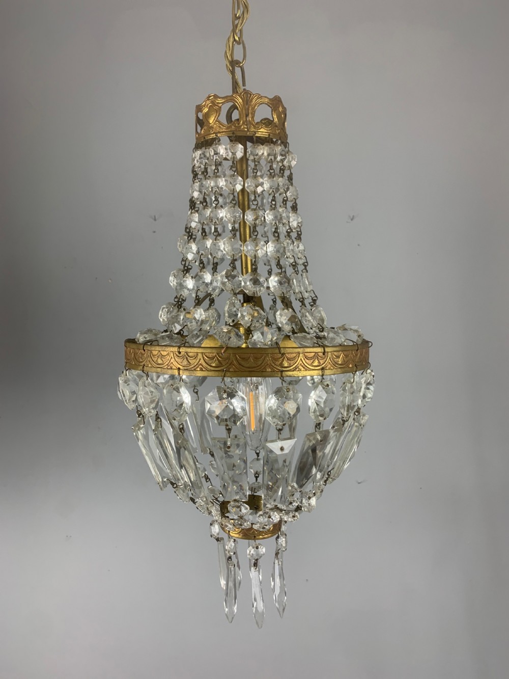 French Antique Single Light Crystal Chandelier, Ceiling Light 