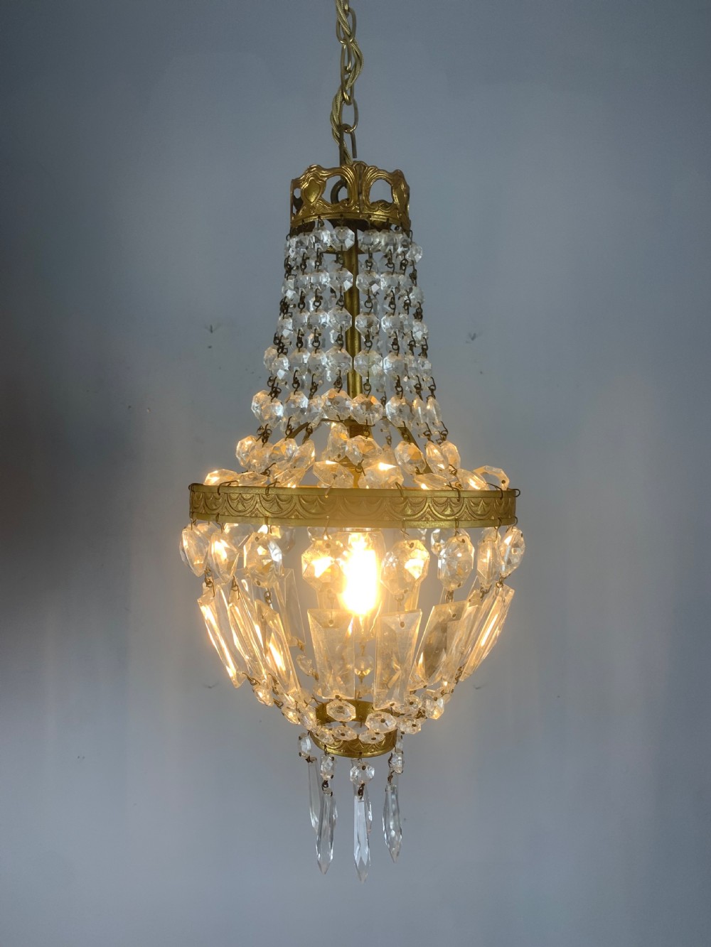 French Antique Single Light Crystal Chandelier, Ceiling Light  View II
