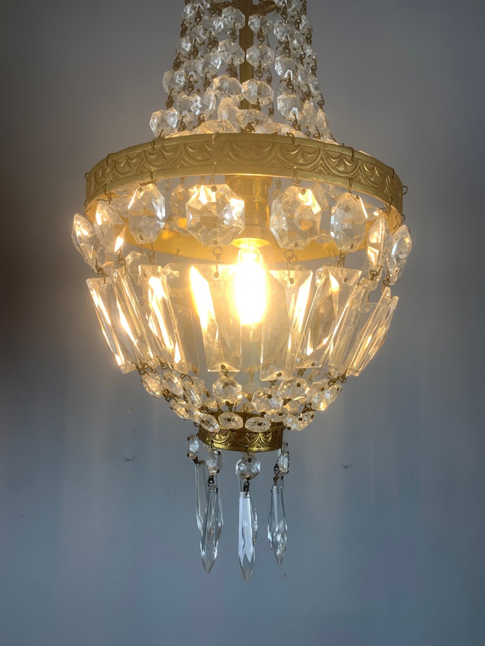 French Antique Single Light Crystal Chandelier, Ceiling Light  View III