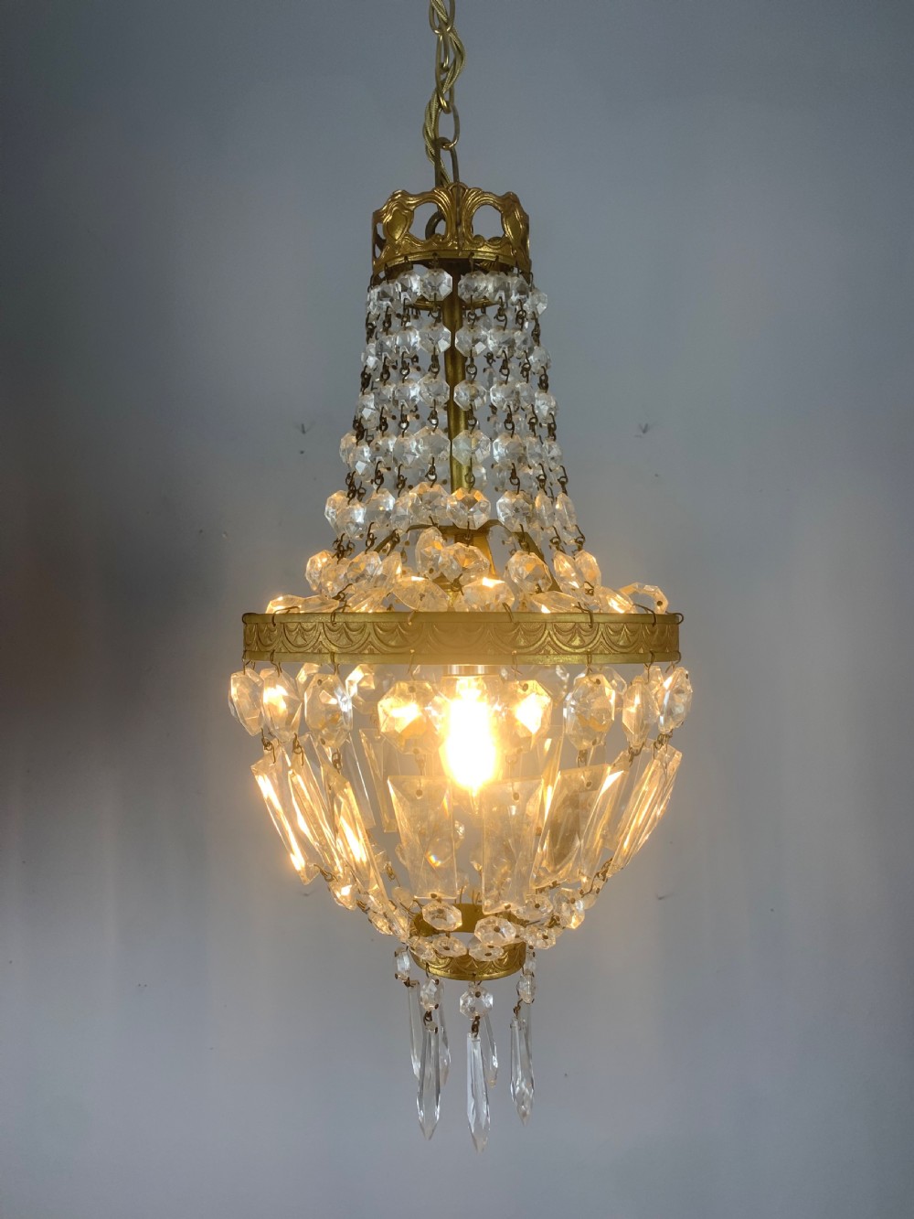 French Antique Single Light Crystal Chandelier, Ceiling Light  View V