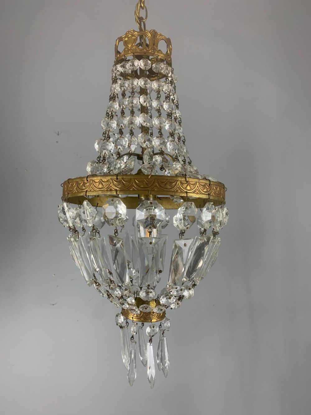 French Antique Single Light Crystal Chandelier, Ceiling Light  View X