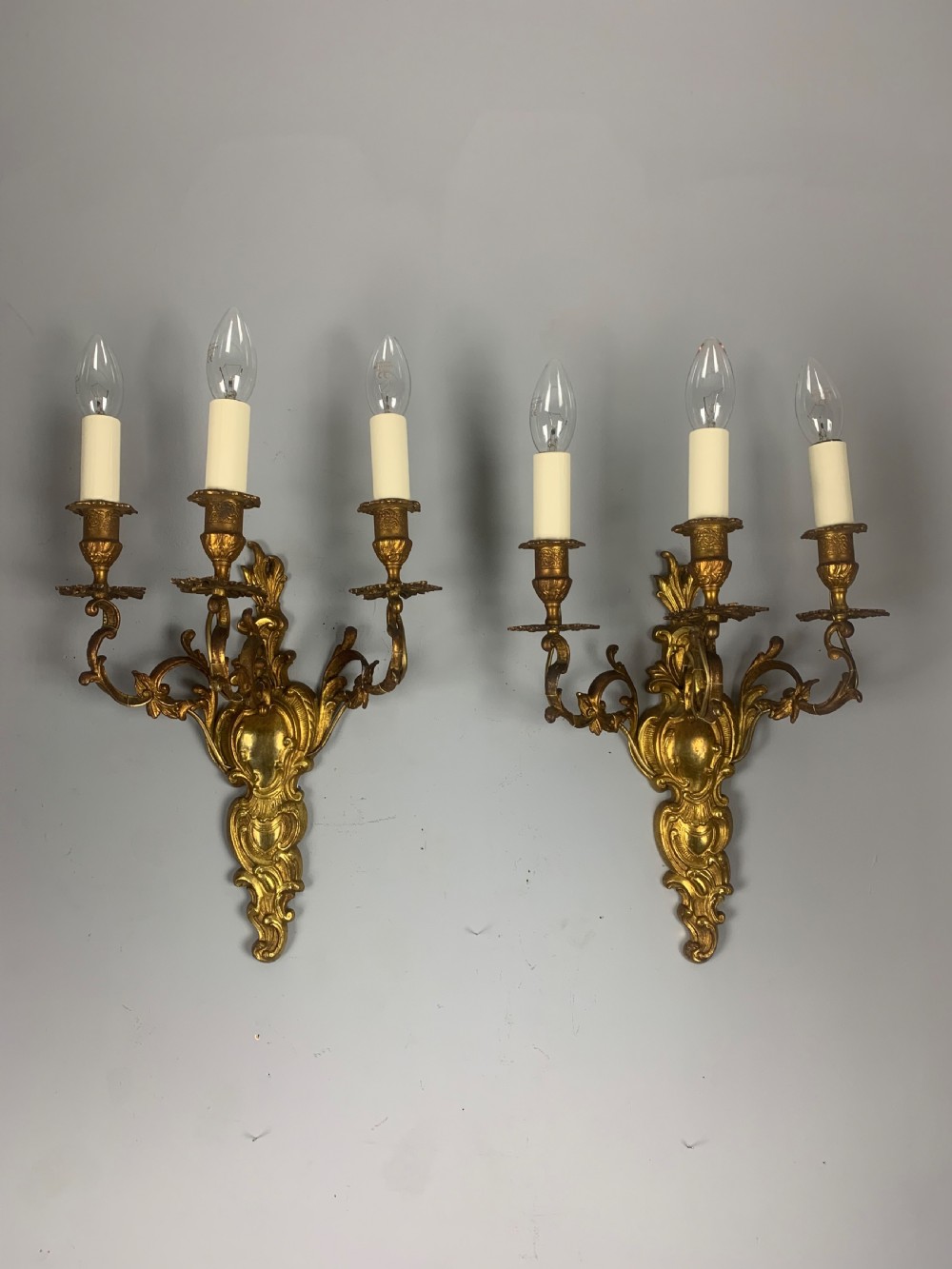 Pair of French Triple Arm Antique Gilt Brass Wall Lights 