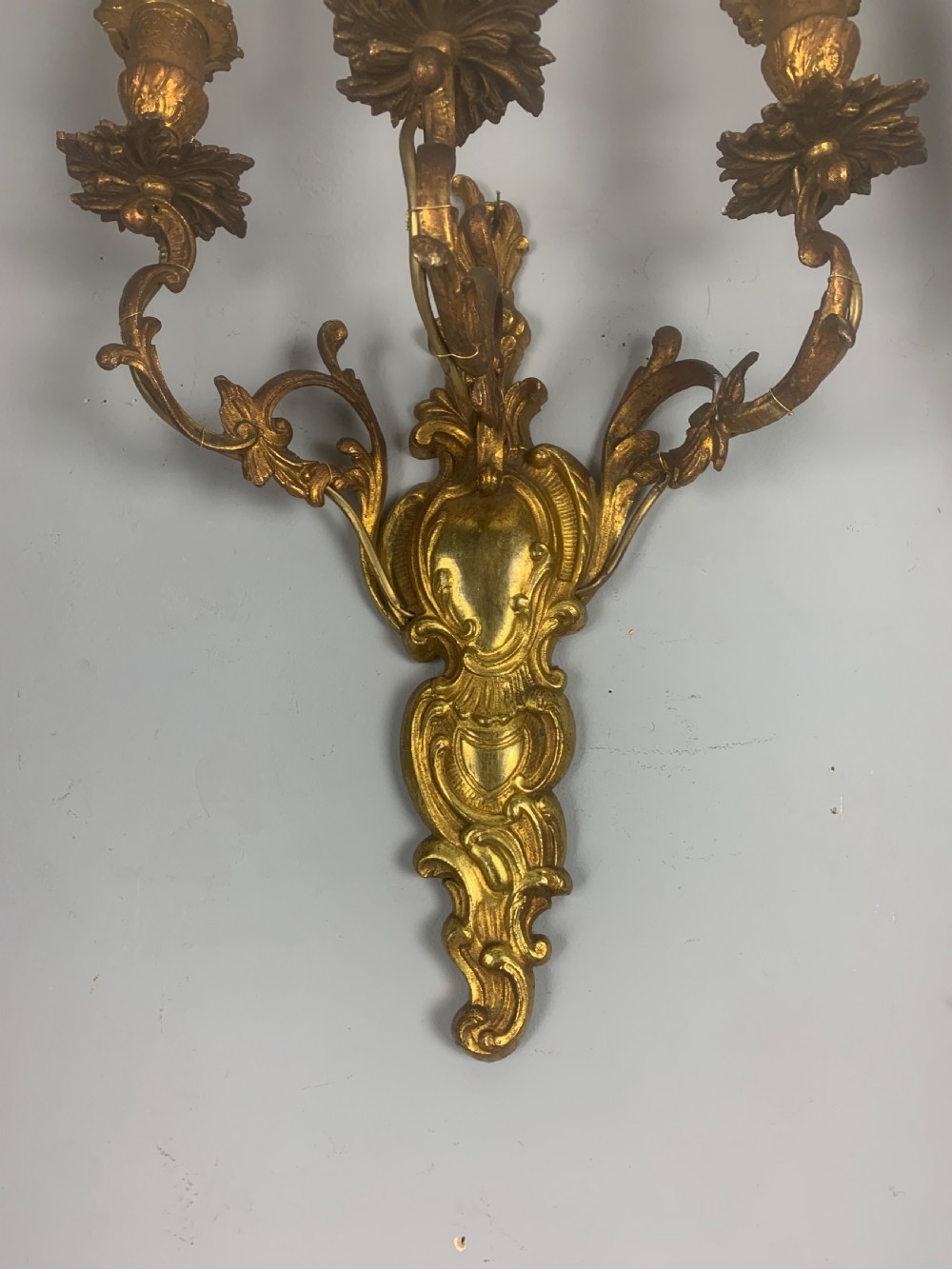 Pair of French Triple Arm Antique Gilt Brass Wall Lights  View II