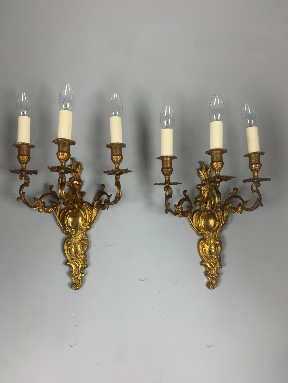 Pair of French Triple Arm Antique Gilt Brass Wall Lights  View III