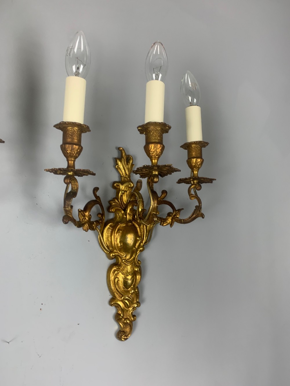 Pair of French Triple Arm Antique Gilt Brass Wall Lights  View IV