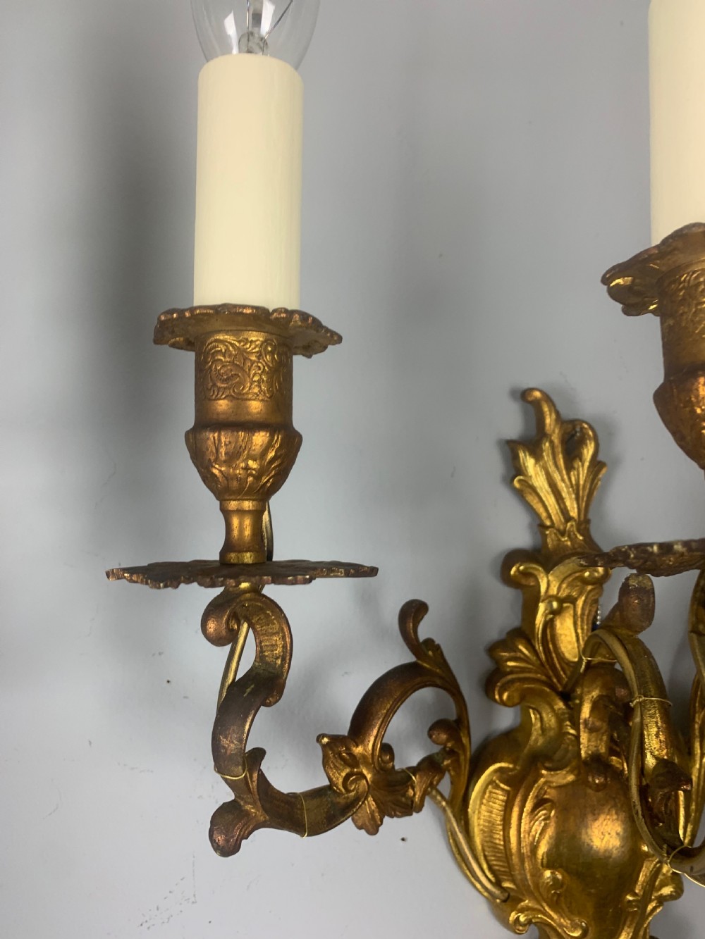 Pair of French Triple Arm Antique Gilt Brass Wall Lights  View V