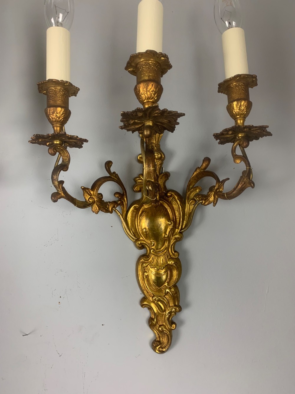 Pair of French Triple Arm Antique Gilt Brass Wall Lights  View VI