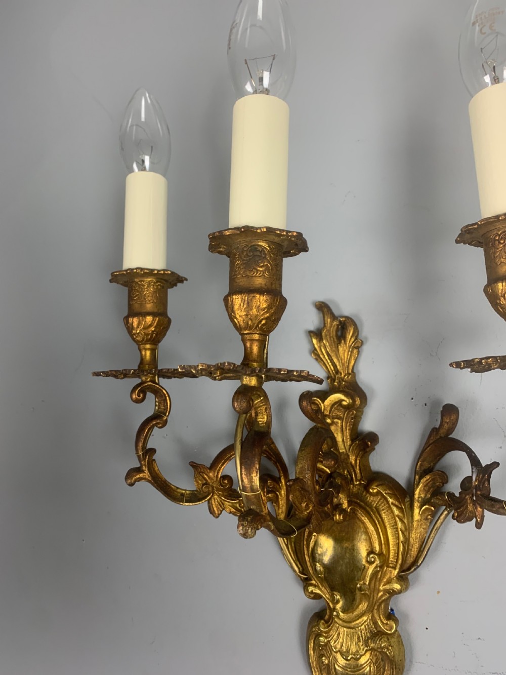 Pair of French Triple Arm Antique Gilt Brass Wall Lights  View VII