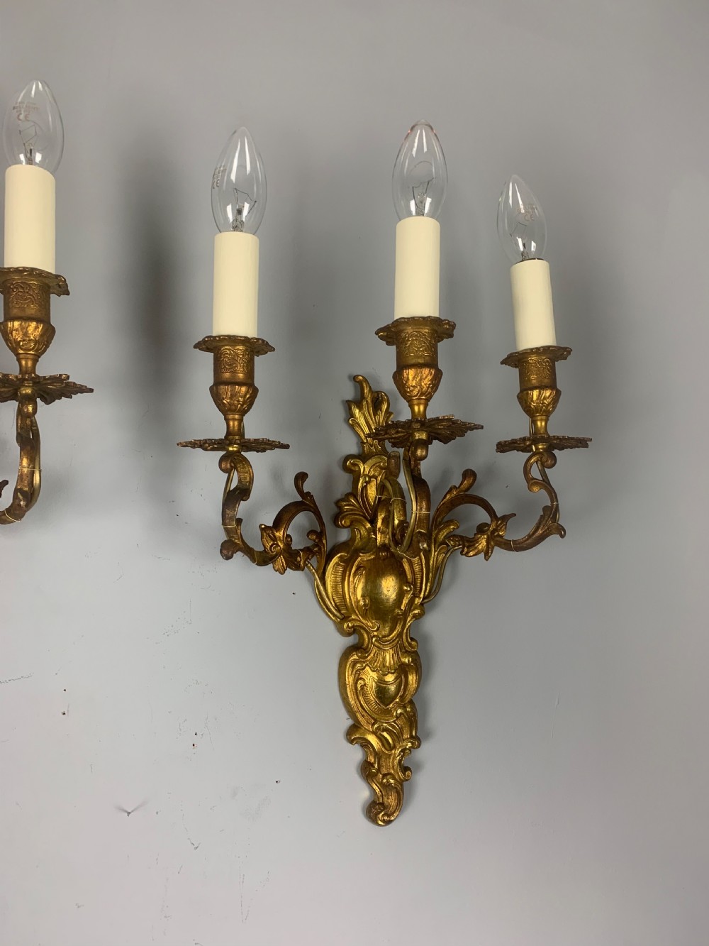 Pair of French Triple Arm Antique Gilt Brass Wall Lights  View VIII