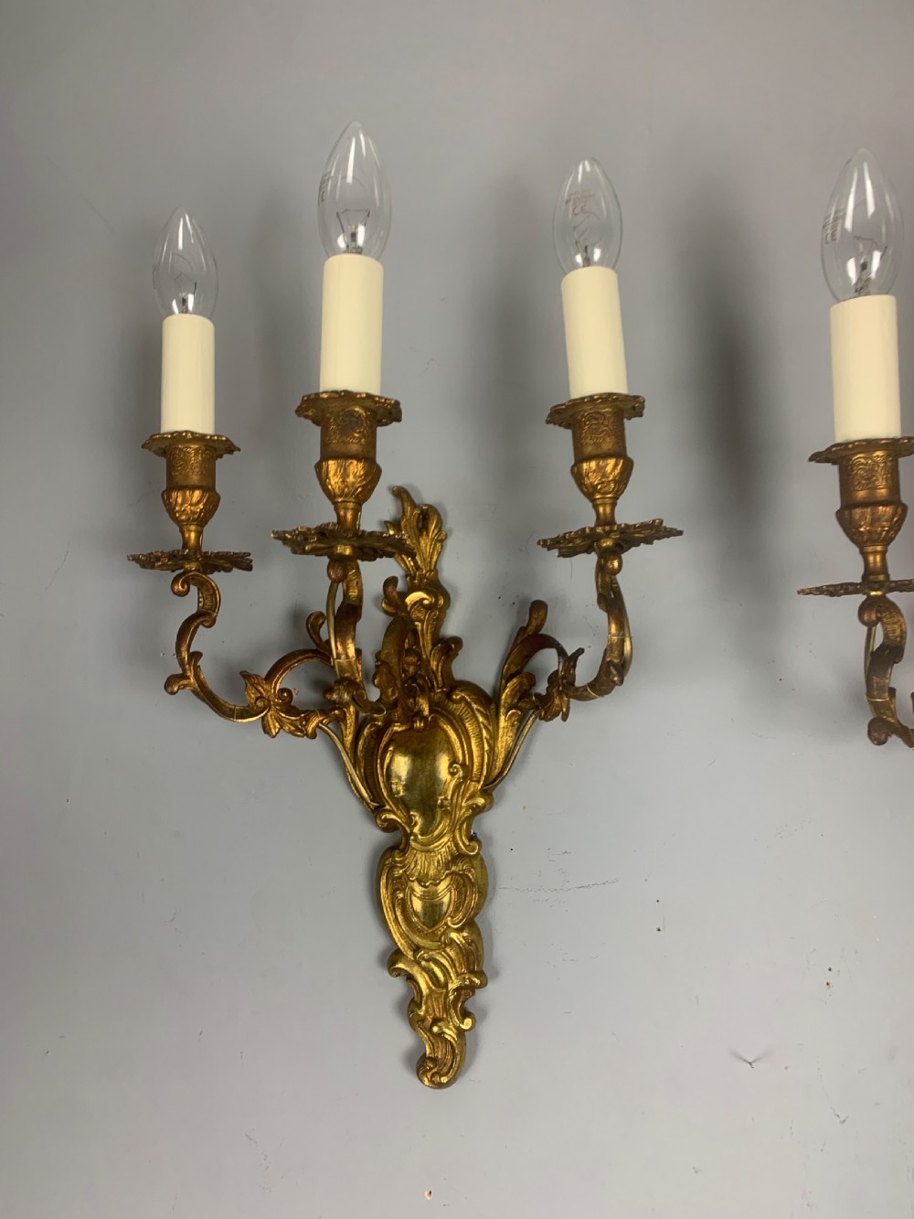 Pair of French Triple Arm Antique Gilt Brass Wall Lights  View IX