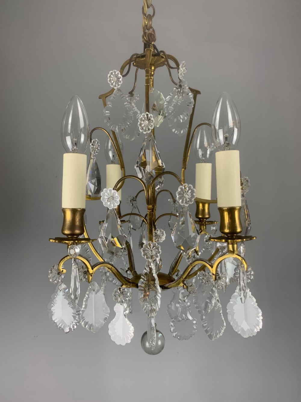 Small French Antique Gilt Brass Birdcage Crystal Chandelier 