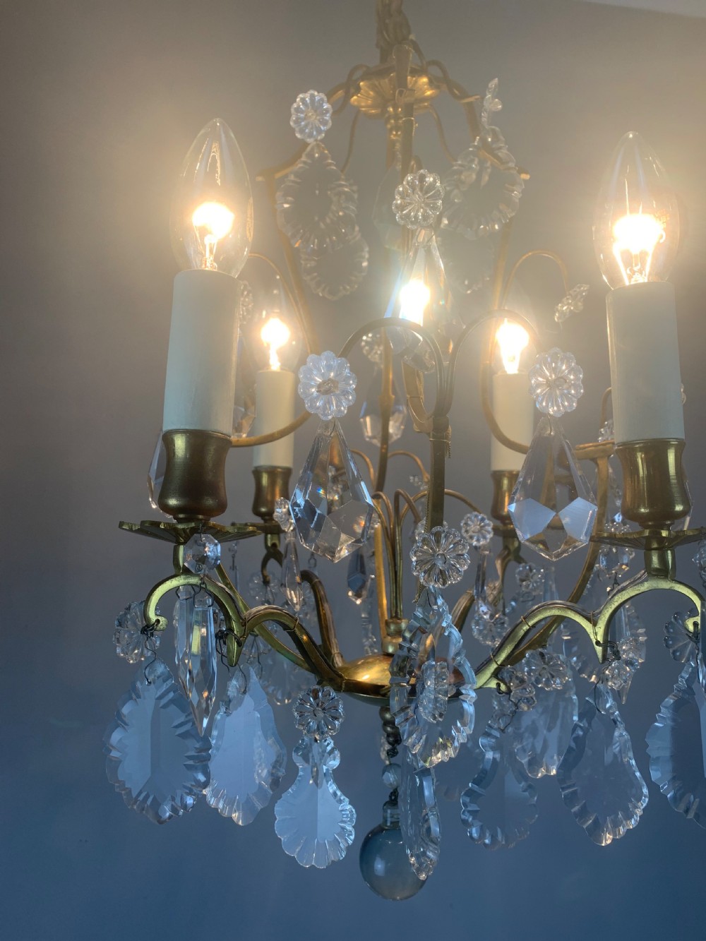 Small French Antique Gilt Brass Birdcage Crystal Chandelier  View II
