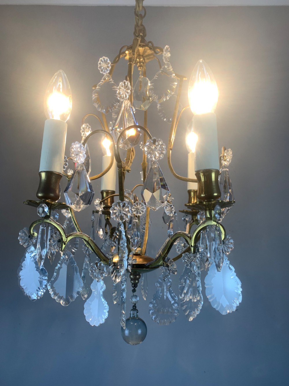Small French Antique Gilt Brass Birdcage Crystal Chandelier  View III
