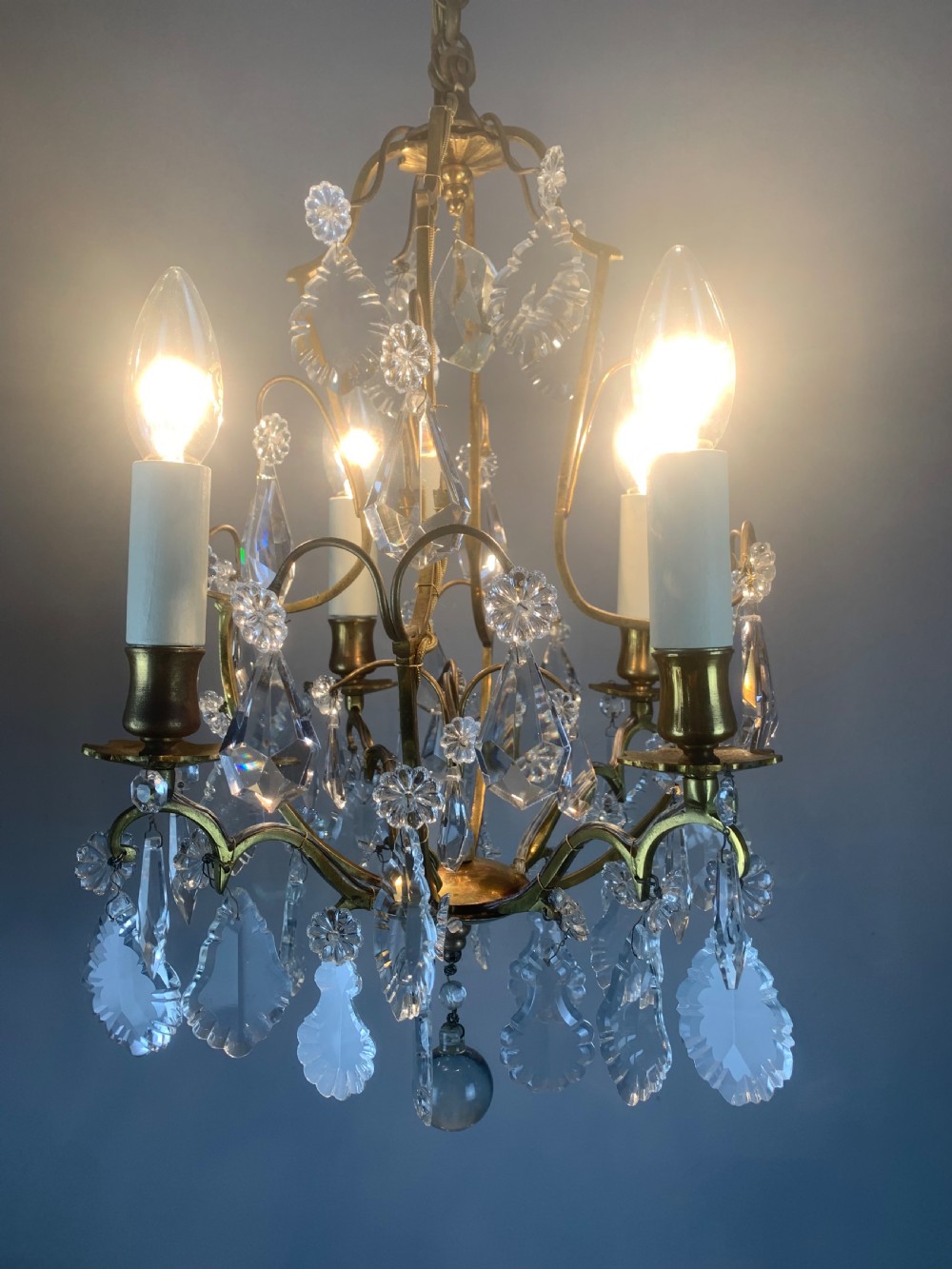 Small French Antique Gilt Brass Birdcage Crystal Chandelier  View IV